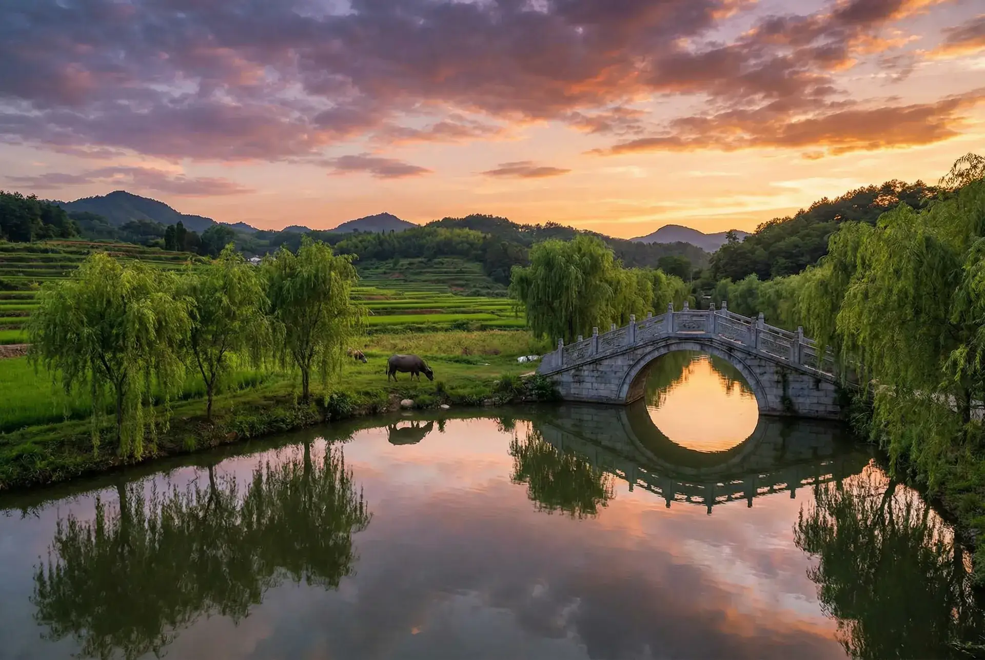 夕阳下的石拱桥与垂柳，水牛在河边吃草 - 这就是我的主人动漫 乡村美景